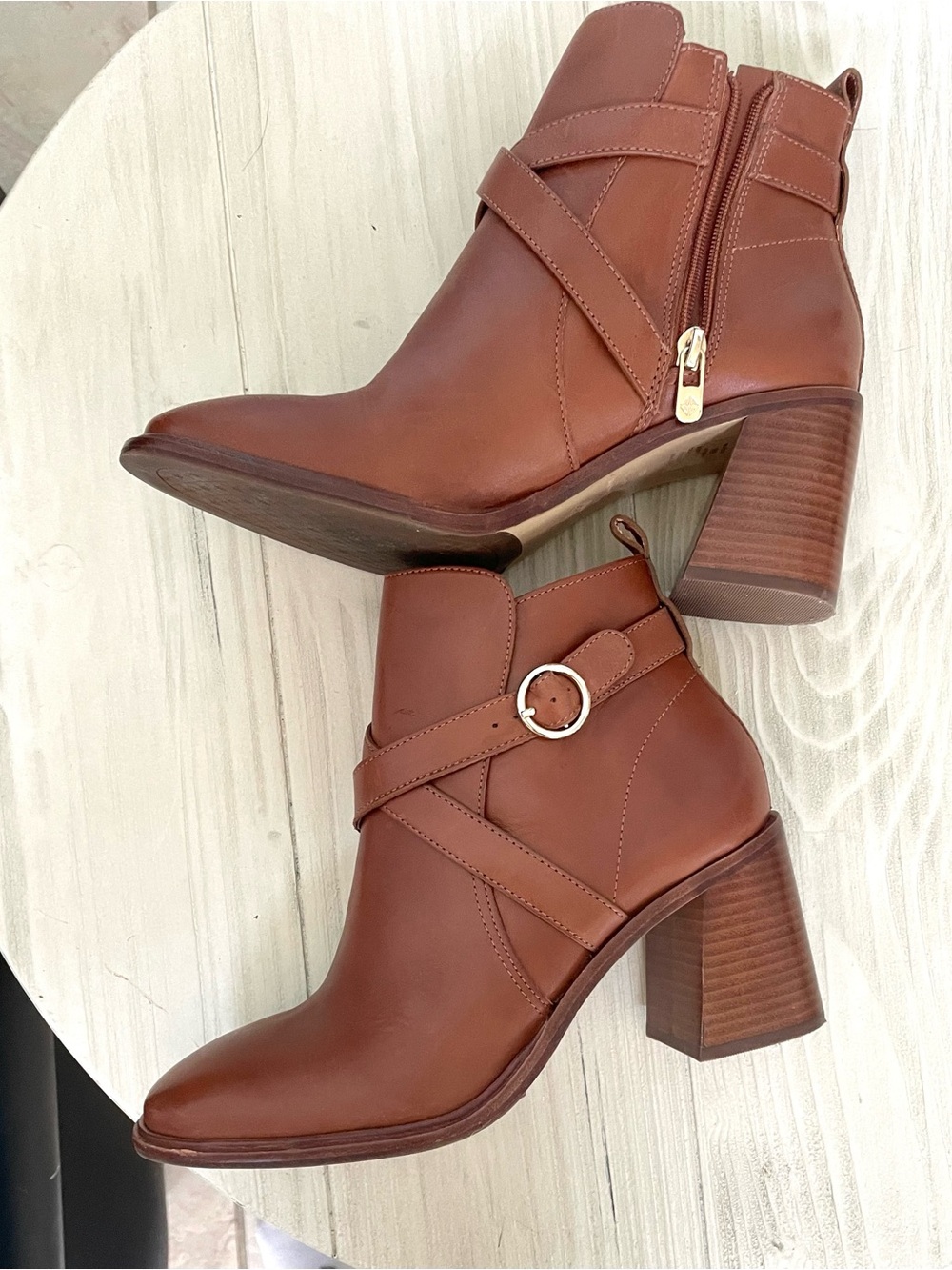 ANTONIO MELANI Cognac Leather Ankle Boot with Buckle Strap